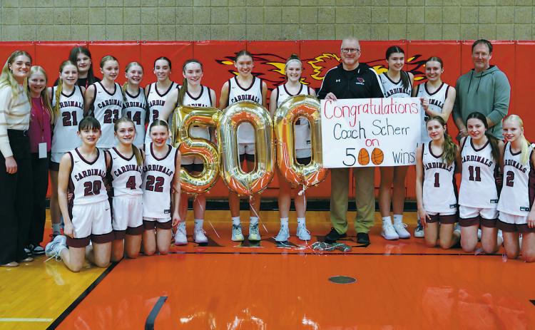 The Lady Cardinals Coach Rob Scherr won his the 500th victory of his coaching career with Tuesday's win over the M-P-C-G Patriots. Photo by Larry Stokke.