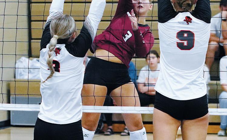 Emma Hall sends the ball between two Cavalier Tornadoes for a point. Photo by Larry Stokke.