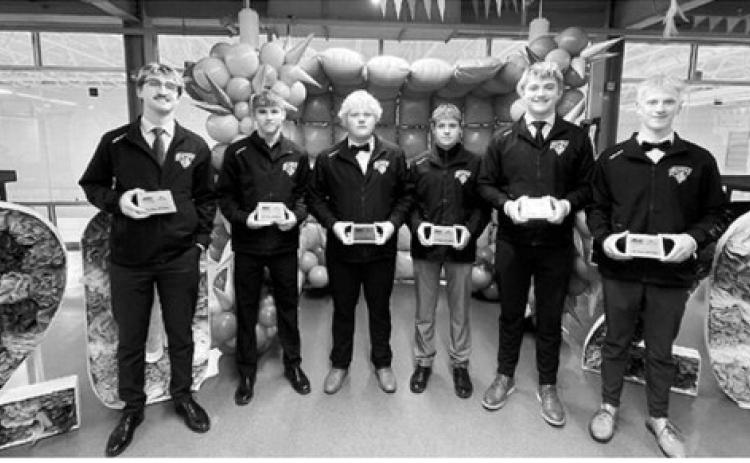 Congratulations Langdon Blades Junior Gold players on being named to the 2026 NDAHA All-State teams. Pictured left to right are 2nd Team All-State Keaton Ullyott, Forward; Max Henderson, Forward; Karter Lien, Defense. 1st Team All-State: Ryder Moser, Goaltender; Landon Schneider, Defense; Ty Ramberg, Forward. Submitted photo