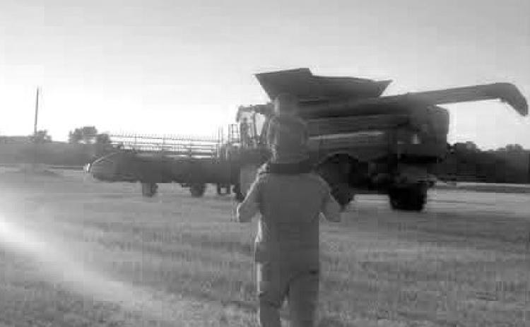Travis and Olin Bjornstad head to the combine during harvest Aug. 26. Photo by Shannon Bjornstad