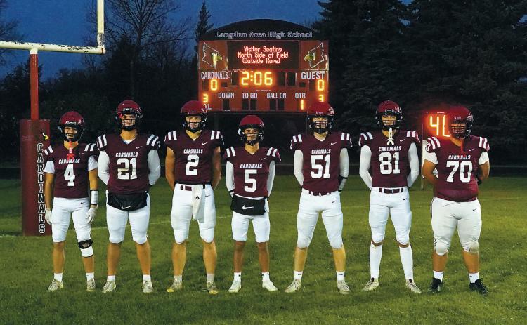 The 2025 Cardinal Seniors Region 2 Champions taking a 9-0 record into the playoffs. Photographed (L-R) Sam Davis, Theo Romfo, Jax Johnson, Kade Hansen, Keaton Ullyott, Tanner McDonald, and Jon Christie. Photo by Larry Stokke.