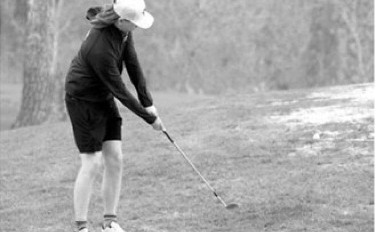 Zander Duerre chips the ball onto the green and close to the pin during the Larimore meet. Photo by Larry Stokke