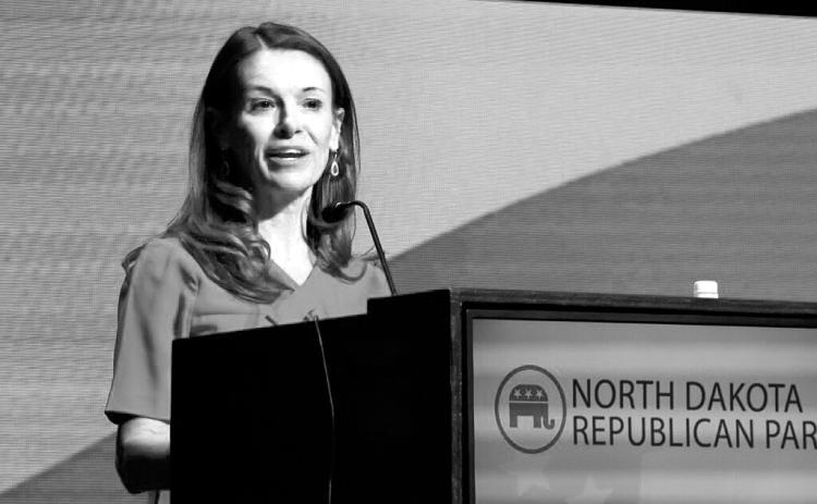 Kirsten Baesler speaks to delegates during the 2024 NDGOP Convention at the Sanford Athletic Complex in Fargo on April 5, 2024. Baesler is running for reelection as the state’s superintendent. (Michael Achterling/North Dakota Monitor)