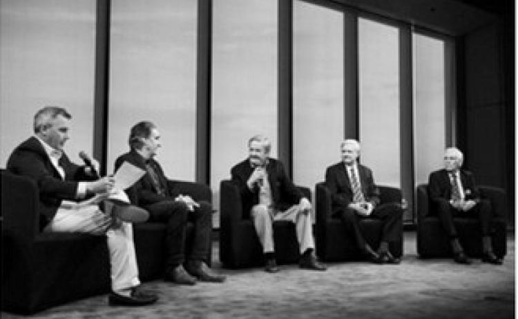 From the left, Gov. Kelly Armstrong, U.S. Interior Secretary Doug Burgum, former Gov. Jack Dalrymple, U.S. Sen. John Hoeven and former Gov. Ed Schafer speak during a panel discussion featuring five North Dakota governors at the Theodore Roosevelt Presidential Library on July 3, 2026, in Medora. (Photo by Bryan Bedder/Getty Images for Theodore Roosevelt Presidential Library)