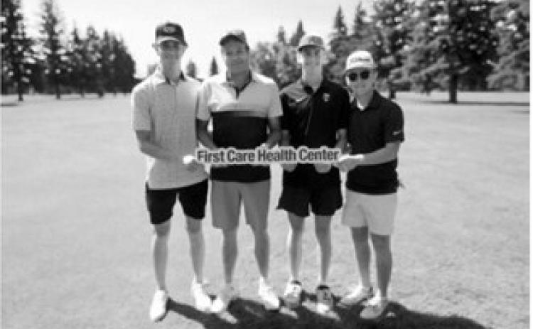 First place: Members of the Park River Dental team, from left, Noah Troftgruben, Schalk Maree, Toren Beneda and Connor Bernhoft, captured first place at the 2026 First Care Health Center Benefit Golf Tournament in memory of Dan Young on July 10 at Hillcrest Golf Course in Park River. Submitted photo