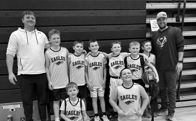 Back row L-R: Coach Jared Hanson, Decker Thompson, Weston Smith, Eli Balk, Braxtyn Buechler, Elliot Trupe, Easton McKay, Coach Alex Balk. Front L-R: Huck Hanson, Sawyer Salazar and Seaver Thompson. Submitted photo.