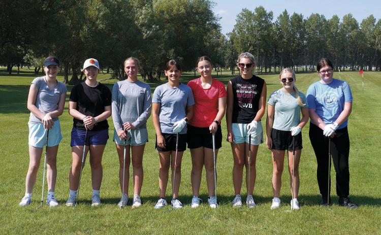 The Lady Cards 2024 Golf Team (L-R) Roslyn Pankratz, Kynlee Pengilly, Maci Witzel, Lily Zimmer, Nadia Lewis, Rylee Medbery, Catelyn Goodman, and Matilda Lawson. Not photographed, Finley Crockett, Makayla Bartlett, and Kaydence Wirth. Photo by Larry Stokke.