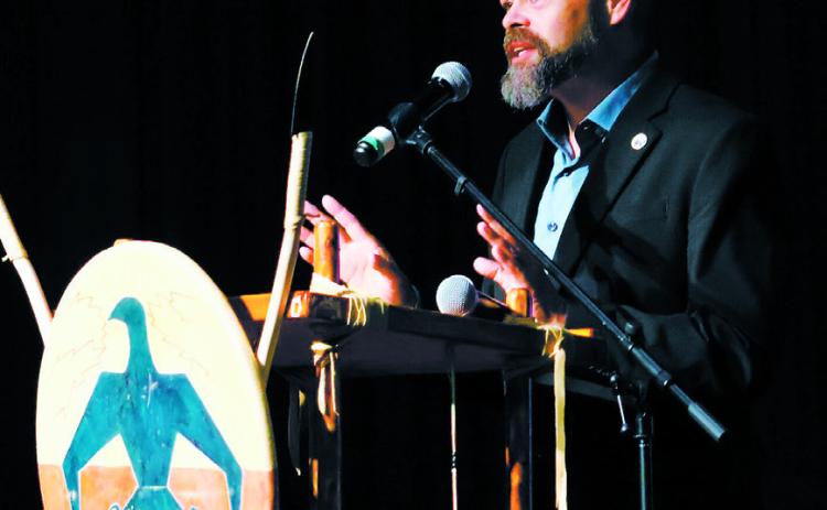 Jamie Azure, chair of the Turtle Mountain Band of Chippewa, speaks during the Tribal Leaders Summit in Bismarck on Sept. 4, 2024. Turtle Mountain, Spirit Lake Nation and three tribal citizens are challenging a ruling in a voting rights case. (Michael Achterling/North Dakota Monitor)