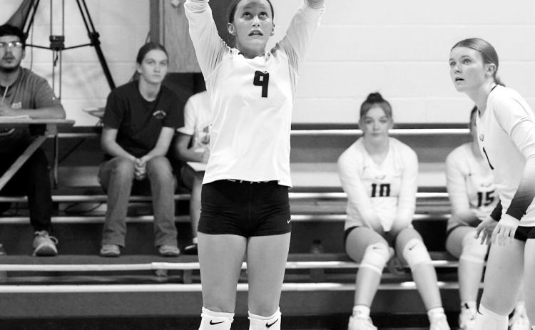 Adrienne Longtin sets the ball to a teammate in the game against the Mustangs. Photo by Larry Stokke.
