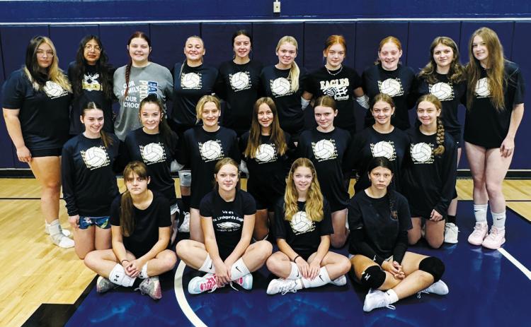 The 2025 North Border Volleyball Team. Back row (L-R) Jaelyn Forrey, Nataliya Longworth, Calen R., Sadie Snyder, Jaelyn Johnson, Jacy Fraser, Marlie Stremick, Amelia Carpenter, Amelie Willits, Addison Lyons; middle row: Audrey Emerson, Tia Huguley, Dannika Bennett, Adrienne Longtin, Hannah Moore, Jennie Carignan, Jalyn Carignan; front row: Faith Ratajczak, Katie Bynum, Emma Bailly, and Jasmine Burch.