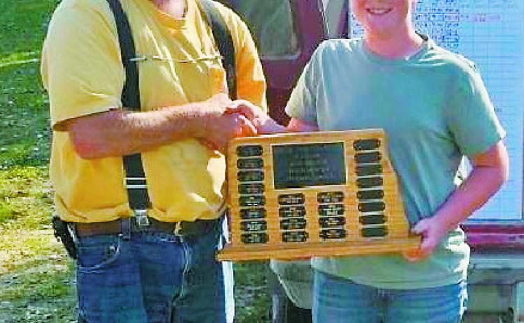 Range officer Coby Dalgliesh (left) with Wesley Meidinger (right) hold the championship plaque at the North Dakota State F-Class Mid-Range Shooting Competition. Wesley is the youngest in the state to hold the first place title.