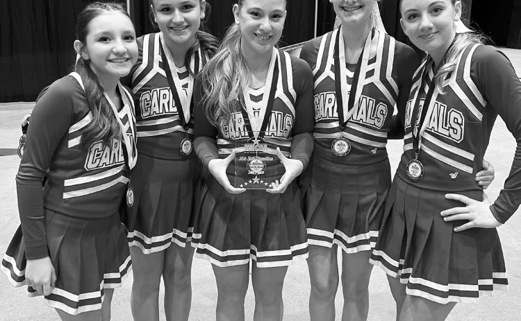 From left: Destiny Aguilar, Ruby Davis, Maci Hoffarth, Eliot Olson and Nora van Heerden of the Langdon Area High School cheer team at the state competition in Bismarck. Submitted photo