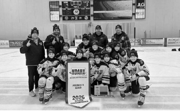 Pictured is the Langdon Baldes Pee Wee hockey team, who won the State B Gold State Championship in Mandan, held March 6-8. Coaches are Nic Fetsch, Jason Spanier, Jeff Mostad, Daren Bachman. Players pictured left to right: Marah Romfo, Cooper Fetsch, Averie Plummer, Graham Mosher, Spencer Berg, Hudson Hoffman, Reid Spanier, Merek Mostad, Terner Askvig, Jase Pengilly, Mason Bachman. Submitted photo