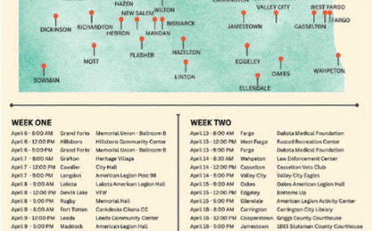 Schedule for 48-stop Military Gallery tour across North Dakota. (Provided by Dale Lennon/for the North Dakota Monitor)