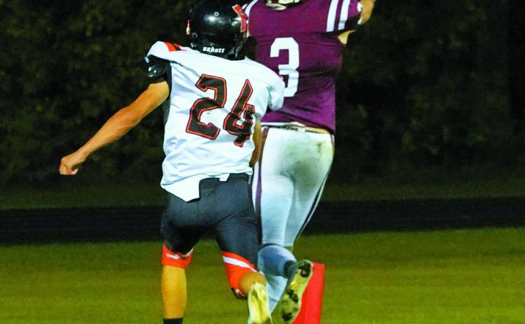 Cody Amble makes a great over the shoulder catch for one of his three touchdowns. Photo by Larry Stokke.