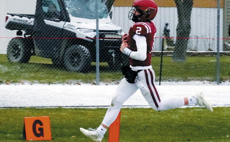 FM Bank's Player of the Game Jax Johnson put on a football clinic with 32 carries for 207 yards, three rushing touchdowns, one passing touchdown and one kick return for a touchdown. Photo by Larry Stokke.