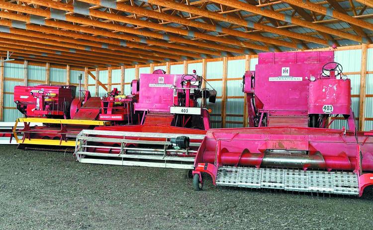 Combines on display at last year’s Pioneer Machinery Show. Photo by Rebecca Davis.