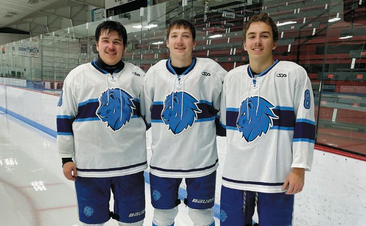 (L-R) Alex Gellner, Brody Steinmetz, and Brady Regner. The trio now play for the Lake Region State College Royals Men’s Hockey Program and will be hitting the hometown ice at Dakota Spirit Lake Arena on Feb. 14.