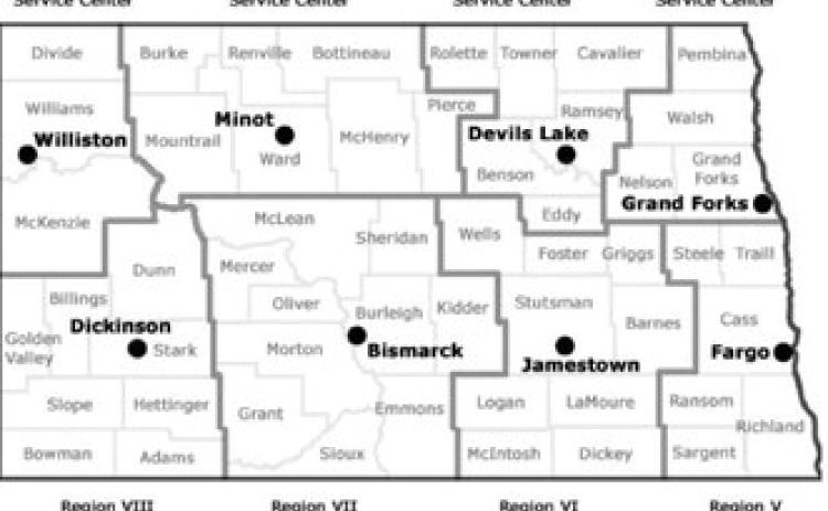 A map of the eight Human Service Center regions across North Dakota. From the Department of Health and Human Services.