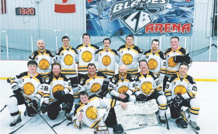 Langdon Old Timers team. Back row L-R: Ryan Howatt, Andy Muhs, Kadyn Hein, Ryan Henderson, Jace Rime, Landan Tollefson, Nick Balsdon. Front row L-R: Gage Goodman, Matt Geddes, Benny Hoffarth, Gavin Waslaski, Colin Olson, Joey McGauvern. Goalie: Dawson Hein. Submitted photo.