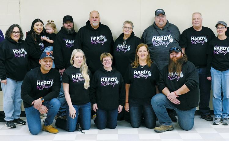 The Hardy family (L-R) Mike Hardy, Faye Hardy, Sabyl Hunt, Tateleigh Hardy, Cordell Hardy, John Hardy, Michelle Murray, Todd Hardy, Gary Hardy, Brenda Mitzel, Bob Mitzel; front row: Daniel Cruz, Tatia Hardy, Becky Hardy, Rita Visser, and Brett Hardy. Photo by Larry Stokke.