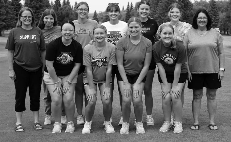 Back row from left: Coach Jenny Romfo, Josie Mikkelsen, Nadia Lewis, Lily Zimmer, Macie Gage, Stella Busse and Coach Connie Kjos. Front row from left: Kynlee Pengilly, Harper Jacobson, Colby Forest and Finley Crockett. Not pictured are Aria Olson, Victoria Mathews and Matilda Lawson. Photo by Larry Stokke