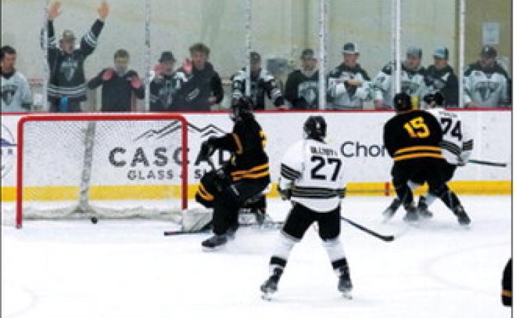 Kennen Forest sends the puck into the Stallions net to score with the Blades past and current players cheering him on. Photo by Larry Stokke