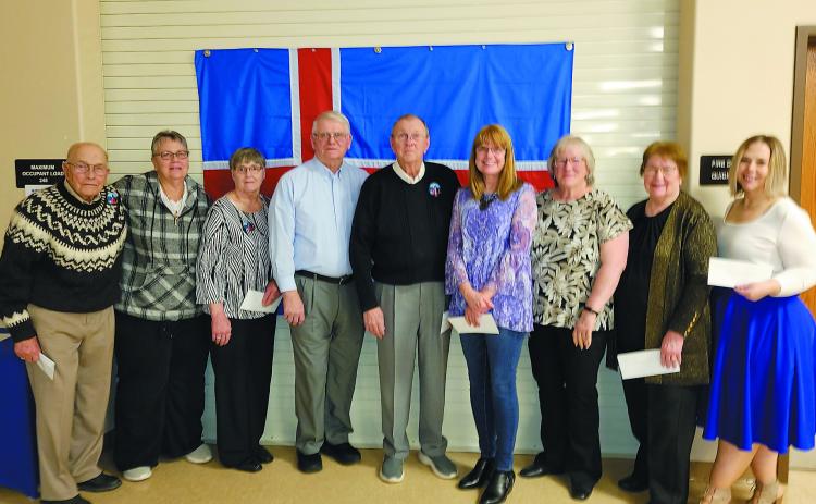 Representatives accepting Heritage Site grants: L-R John H. Johnson (Gardar Pioneer church), Michelle Murray (Svold Hall), Karen Kristjanson (Thingvalla Cemetery) , Kayo Vivatson (Vidalin), Gerald Christianson (Borg Memorial Home), Sharon Laxdal (Gardar Lutheran), Karen Langerud( Gardar Township Hall), Barb Mahar (NENDHA for Akra Hall) and Dori Heck (Vikur LCW).