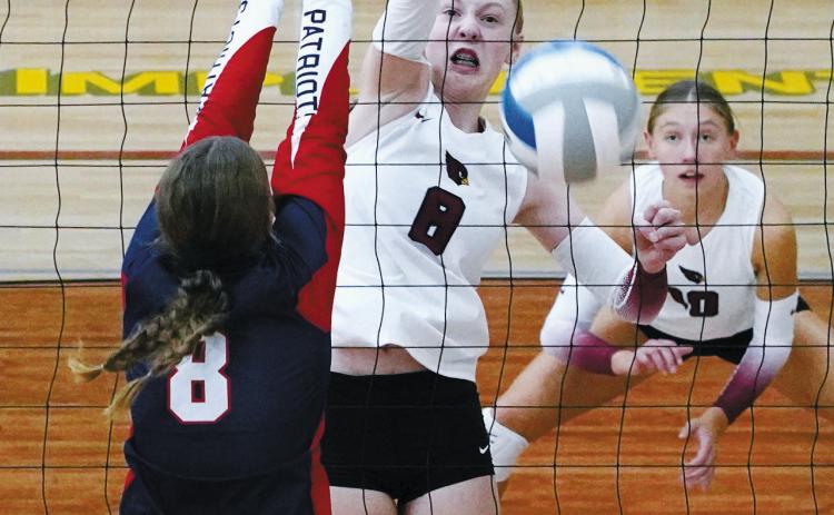 Hilary Haaven spikes the ball down, adding to the Card’s win on Oct 12. Photo by Larry Stokke.