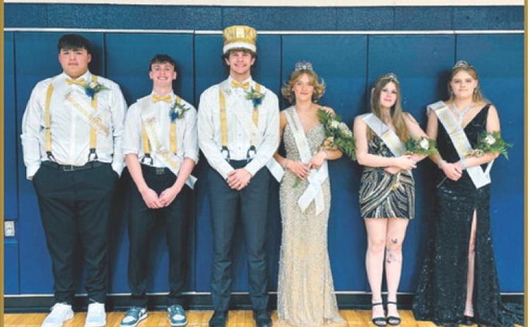 North Border- Walhalla’s 2026 Homecoming Court pictured, from left, are Cameron Saldana, Kaden Moore, Homecoming King Bryce Carignan, Homecoming Queen Dannika Bennett, Isabelle O’Donnell and Faith Ratajczak. Photo courtesy of North Border Schools
