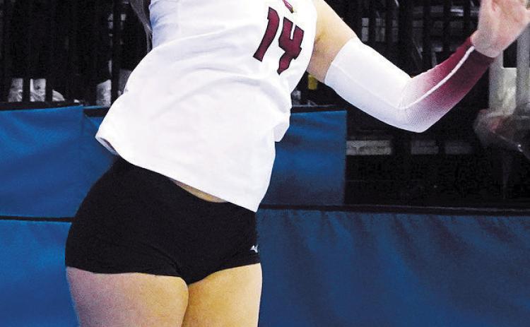 Emma Hall leaps high and sends the ball over the net to their opponents. Photo by Larry Stokke.
