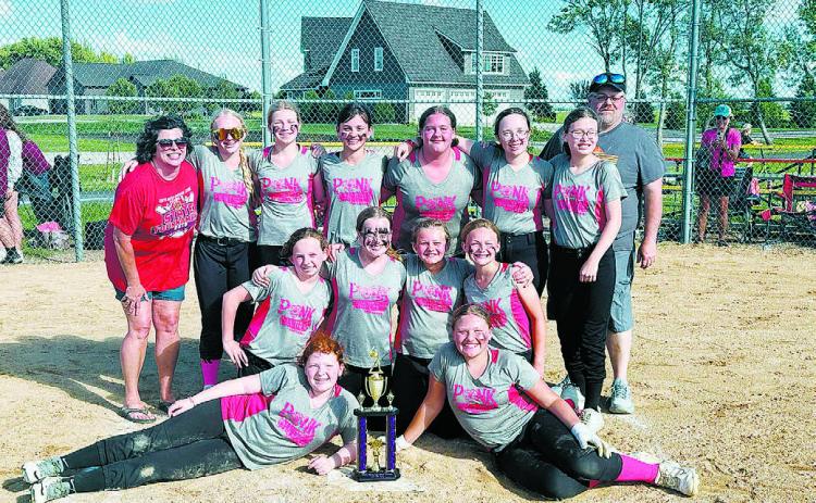 Back row (L-R) Coach Nancy Feil, Lexi Close, Chloe Koons, Lily Zimmer, Sophia Vikan, Kynlee Pengilly, Billie Hanson, Coach Jason Busse; middle row: Parker Domres, Sophie Myrvik, Harper Jacobson, Maddyn Lykken; front row: Stella Busse, Colby Forest. Not pictured: Sophie Witzel. Photo Courtesy of Carrie Zimmer.
