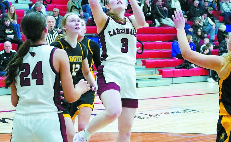 Player of the Game Merideth Romfo lays in her 1,000th Career point on Jan. 28 in the Cards' home game win over Park River. Photo by Larry Stokke.