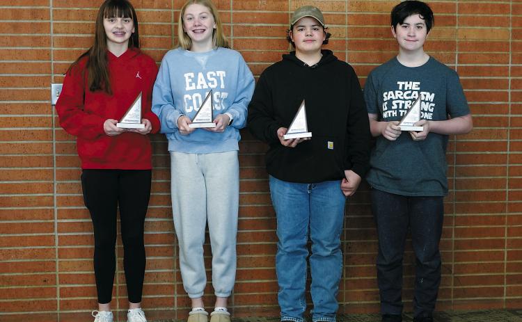 1st place team at MathCounts from Munich (L-R) Lily Zimmer, Hilary Haaven, Brett Brown, Gabriel Woodrow. Photo by Larry Stokke.