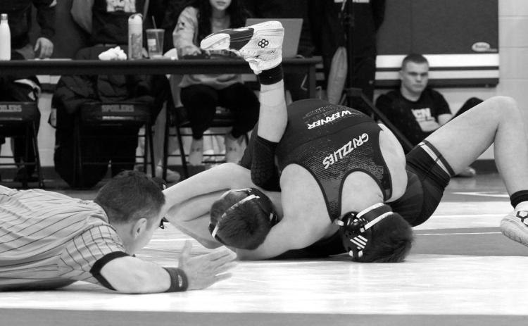 Aiden Werner pinned his opponent to move on to the state tournament in the 160 lb. weight class. Photo by Larry Stokke.