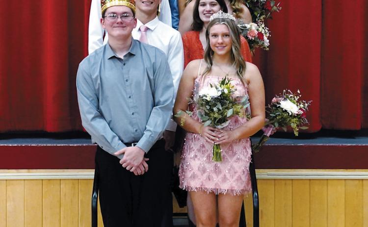The 2025 Homecoming Court: Back row (L-R) Theo Romfo and Mya Johnson; third row: Keaton Ullyott and Madelyn Crump; second row: Sam Davis and Chloe Ottem; front row: King Brayden Harris and Queen Emma Hetler. Photo by Larry Stokke.