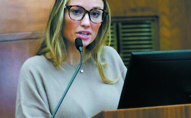 State Rep. Emily O’Brien, R-Grand Forks, speaks during a meeting of the Legislative Management Committee from the House Floor on Nov. 13, 2024. (Michael Achterling/North Dakota Monitor)
