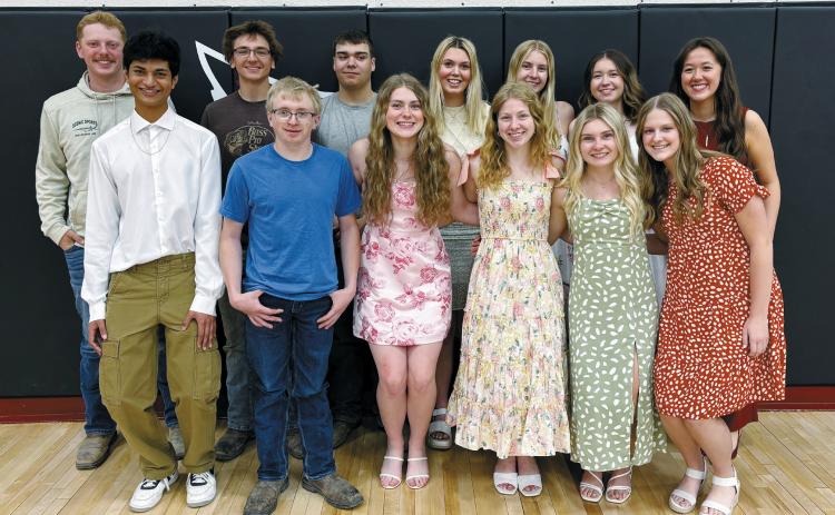 Scholarship recipients; back row (L-R) Thomas Gendron, Jaxen Rademacher, James Domres, Rylee Medberry, Tallia Johnston, Ciara Kempert, Shanna Gette; front row: Kartheek Chapara, Victor Long, Drew Rostvet, Claire Chaput, Catelyn Goodman, and Mikaela Olson.